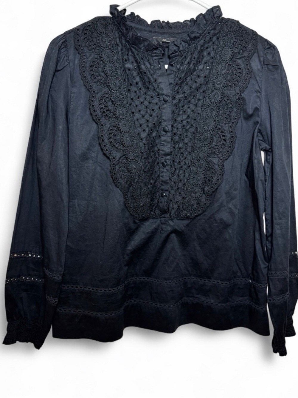 J.Crew Black Eyelet Lace Ruffle Neck Blouse Long Sleeve Cotton Top Size 2